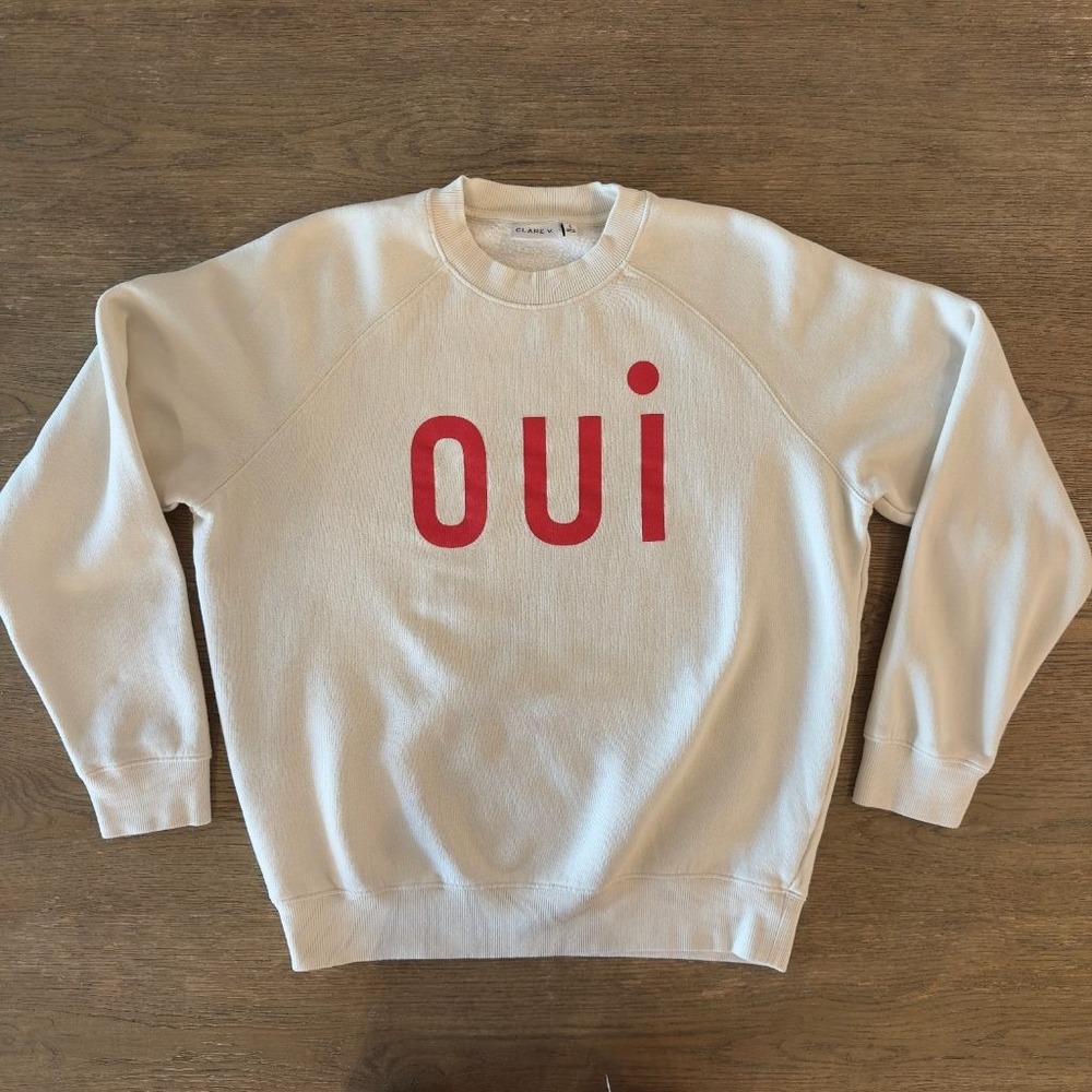 Clare V. oui Sweatshirt Women's Sml Cream Red Graphic Crewneck Pullover Cotton - Picture 4 of 16